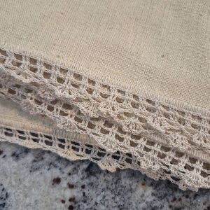 Tablecloth, Vintage Ecru Cotton w Hand Crocheted Edging, 46" x 39"
